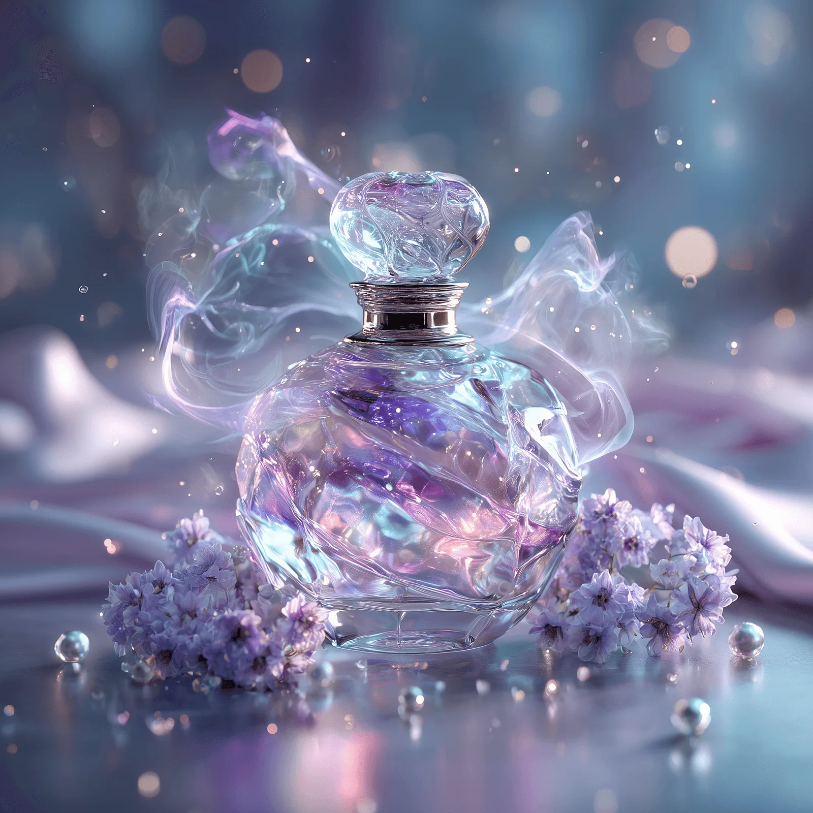 余烬香水瓶与蓝紫色花瓣