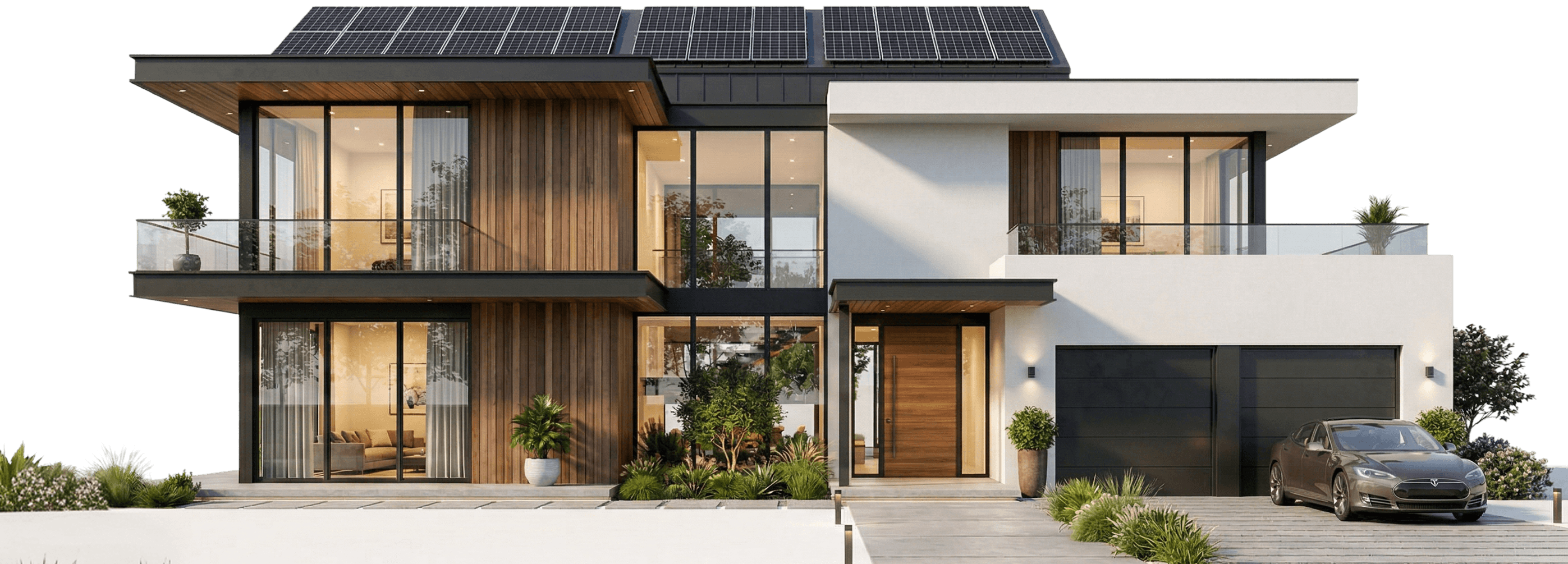 现代住宅屋顶安装太阳能板,门前停有汽车